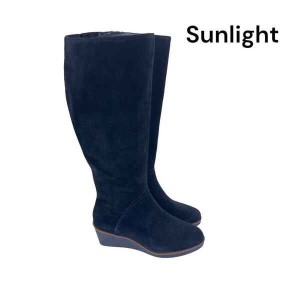 Aerosoles Binocular Women SZ 7W Black Suede Leather Knee Boots-2.5” Wedge Heels - Picture 1 of 16